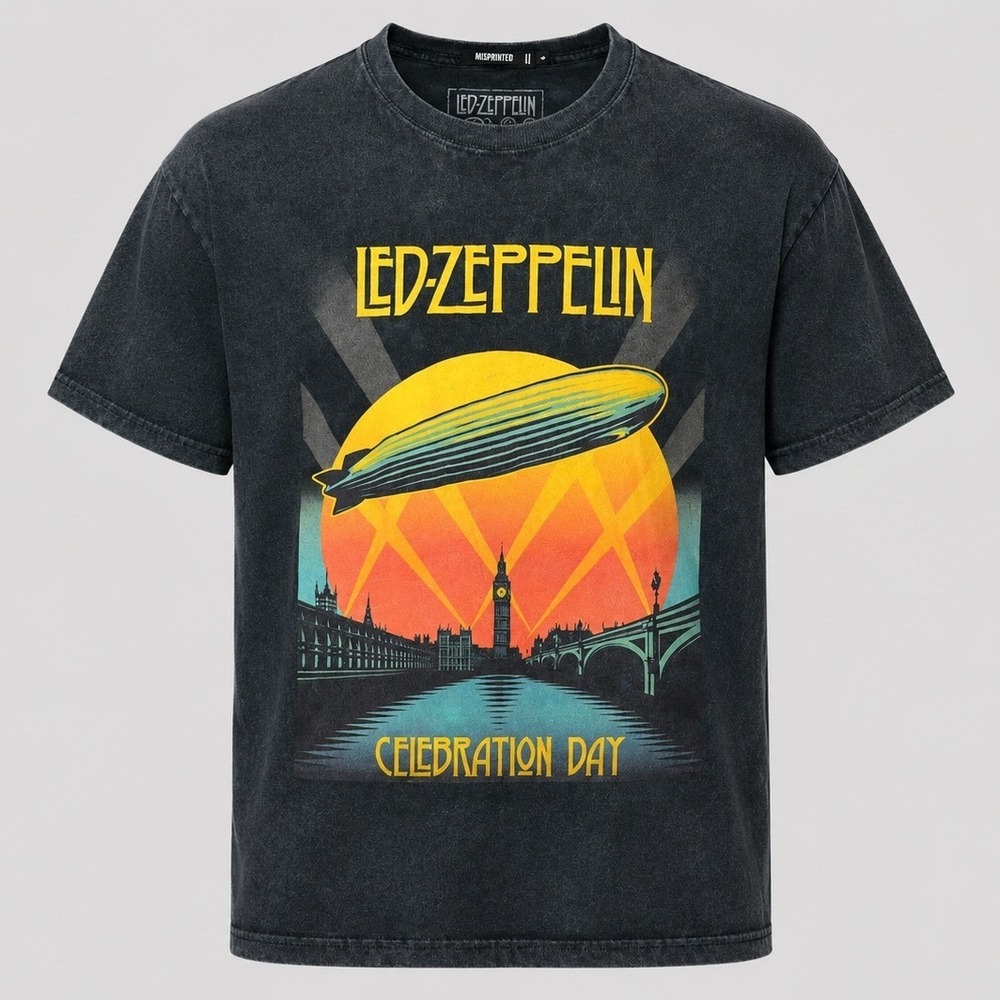 Missguided Led Zeppelin Celebration Day Acid Wash Graphic Tee Black Mens Medium